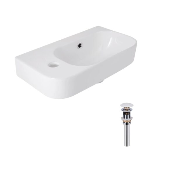 Комплект Qtap Tern: Раковина підвісна прамокутна ліва 450х250х158 мм White + Донний клапан PU02O