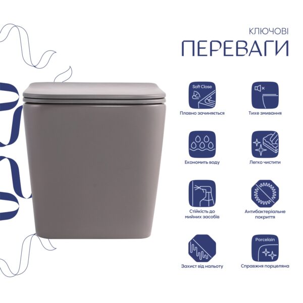 Унитаз подвесной Tern Ultra Quiet 490×365×325 мм, Stone Grey, c сиденьем Slim Duroplast / Soft-close / Quick Release Унітаз підвісний Tern Ultra Quiet 490×365×325 мм, Stone Grey, з сидінням Slim Duroplast / Soft-close / Quick Release