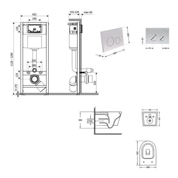 Готове рішення Qtap для ванної кімнати: підвісний унітаз Jay Ultra Quiet 520x360x320 + комплект інсталяції Nest 4 в 1 (кругла