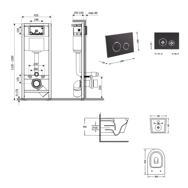 Готове рішення Qtap для ванної кімнати: підвісний унітаз Jay Ultra Quiet 520x360x320 + комплект інсталяції Nest 4 в 1 (кругла
