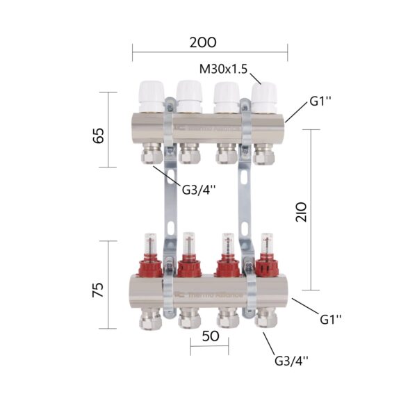 Колектор латунний з витратомірами та євроконусами Thermo Alliance Standart 1" на 4 виходи TAS235W4E Колектор латунний з витратомірами та євроконусами Thermo Alliance Standart 1" на 4 виходи TAS235W4E