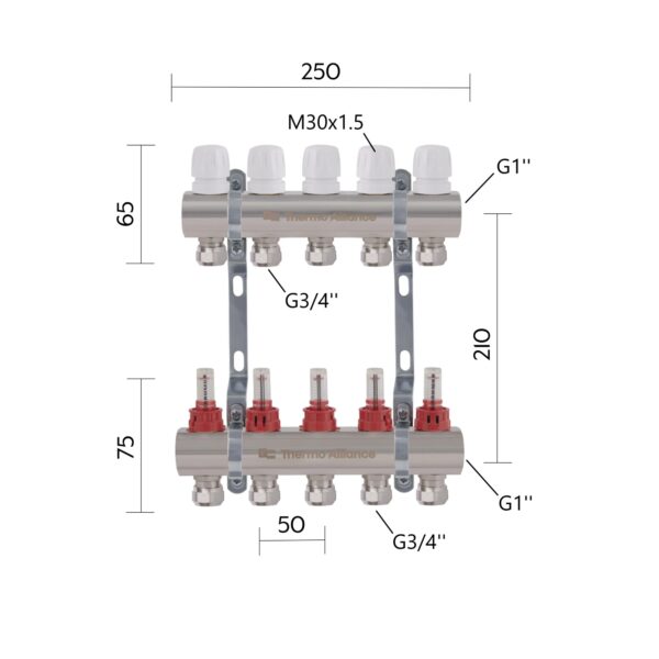 Коллектор латунный с расходомерами и евроконусами Thermo Alliance Standart 1" на 5 выходов TAS235W5E Колектор латунний з витратомірами та євроконусами Thermo Alliance Standart 1" на 5 виходів TAS235W5E