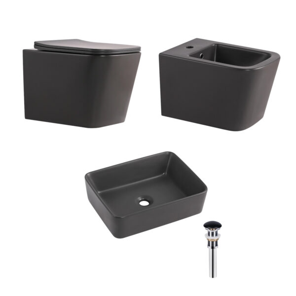 Комплект Qtap Tern Anthracite 3 в 1: підвісний унітаз Ultra Quiet + біде підвісне + раковина накладна QTROBAN49157