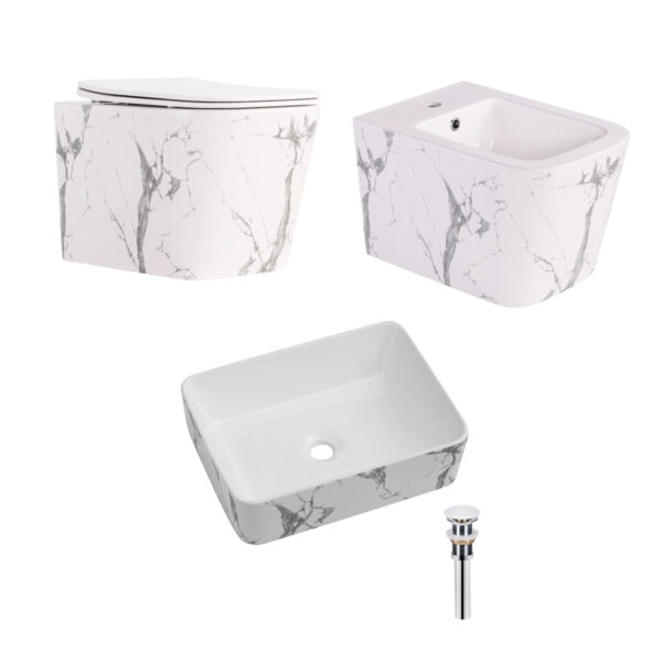 Комплект Qtap Tern Marble 3 в 1: підвісний унітаз Ultra Quiet + біде підвісне + раковина накладна QTTERMR49164