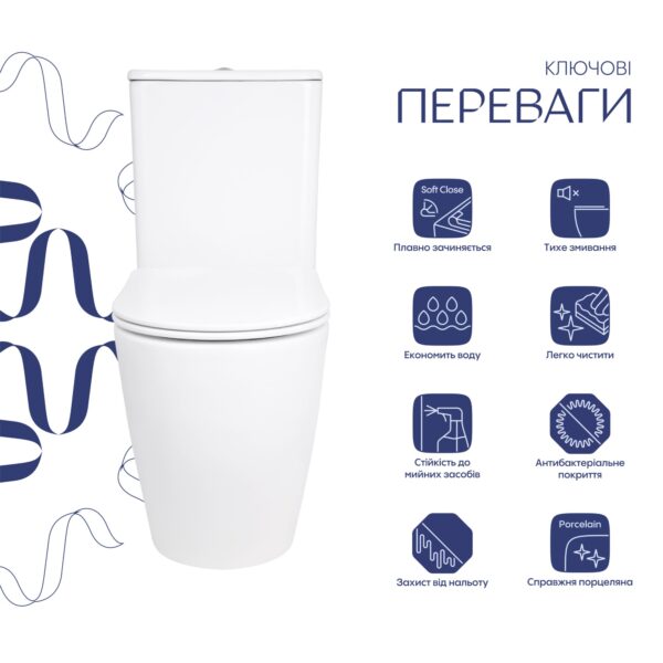 Унитаз напольный Qtap Evia Ultra Quiet 630×350×795 мм с сиденьем Soft-close, White QTEVI27W49258 Унітаз підлоговий Qtap Evia Ultra Quiet 630×350×795 мм з сидінням Soft-close, White QTEVI27W49258