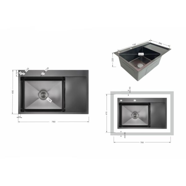 Мийка для кухні інтегрована Lidz Handmade Max 500 H7849R Brushed Steel, 3,0/1,0 мм, крило праворуч, збільшена чаша Мийка для кухні інтегрована Lidz Handmade Max 500 H7849R Brushed Steel, 3,0/1,0 мм, крило праворуч, збільшена чаша