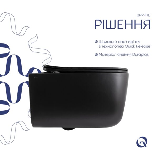 Унітаз підвісний Qtap Gemini Ultra Quiet 485×340×350 мм, Matt Black, з сидінням Slim Duroplast / Soft-close / Quick Release Унітаз підвісний Qtap Gemini Ultra Quiet 485×340×350 мм, Matt Black, з сидінням Slim Duroplast / Soft-close / Quick Release