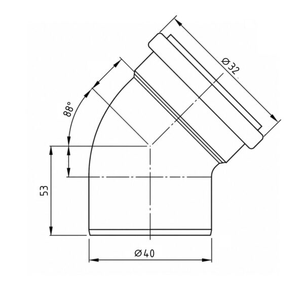 Коліно каналізаційне редукційне Ostendorf-OSMA HT-System PLUS d40/32×88° Коліно каналізаційне редукційне Ostendorf-OSMA HT-System PLUS d40/32×88°