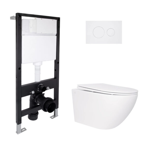 Готовое решение Qtap для ванной комнаты: подвесной унитаз Jay Rimless 520x360x320 + комплект инсталляции Standard (круглая клавиша Готове рішення Qtap для ванної кімнати: підвісний унітаз Jay Rimless 520x360x320 + комплект інсталяції Standard (кругла клавіша