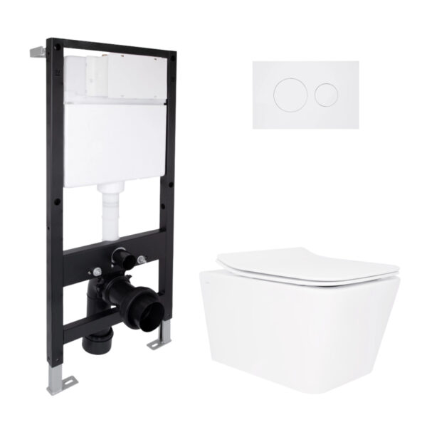 Готове рішення Qtap для ванної кімнати: підвісний унітаз Crow Rimless 520x360x290 + комплект інсталяції Standard (кругла клавіша Готове рішення Qtap для ванної кімнати: підвісний унітаз Crow Rimless 520x360x290 + комплект інсталяції Standard (кругла клавіша