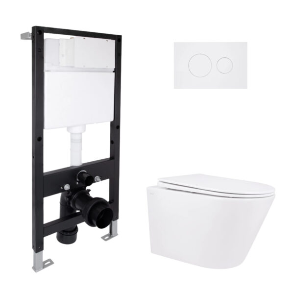 Готове рішення Qtap для ванної кімнати: підвісний унітаз Swan Rimless 520x360x320 + комплект інсталяції Standard (кругла клавіша Готове рішення Qtap для ванної кімнати: підвісний унітаз Swan Rimless 520x360x320 + комплект інсталяції Standard (кругла клавіша